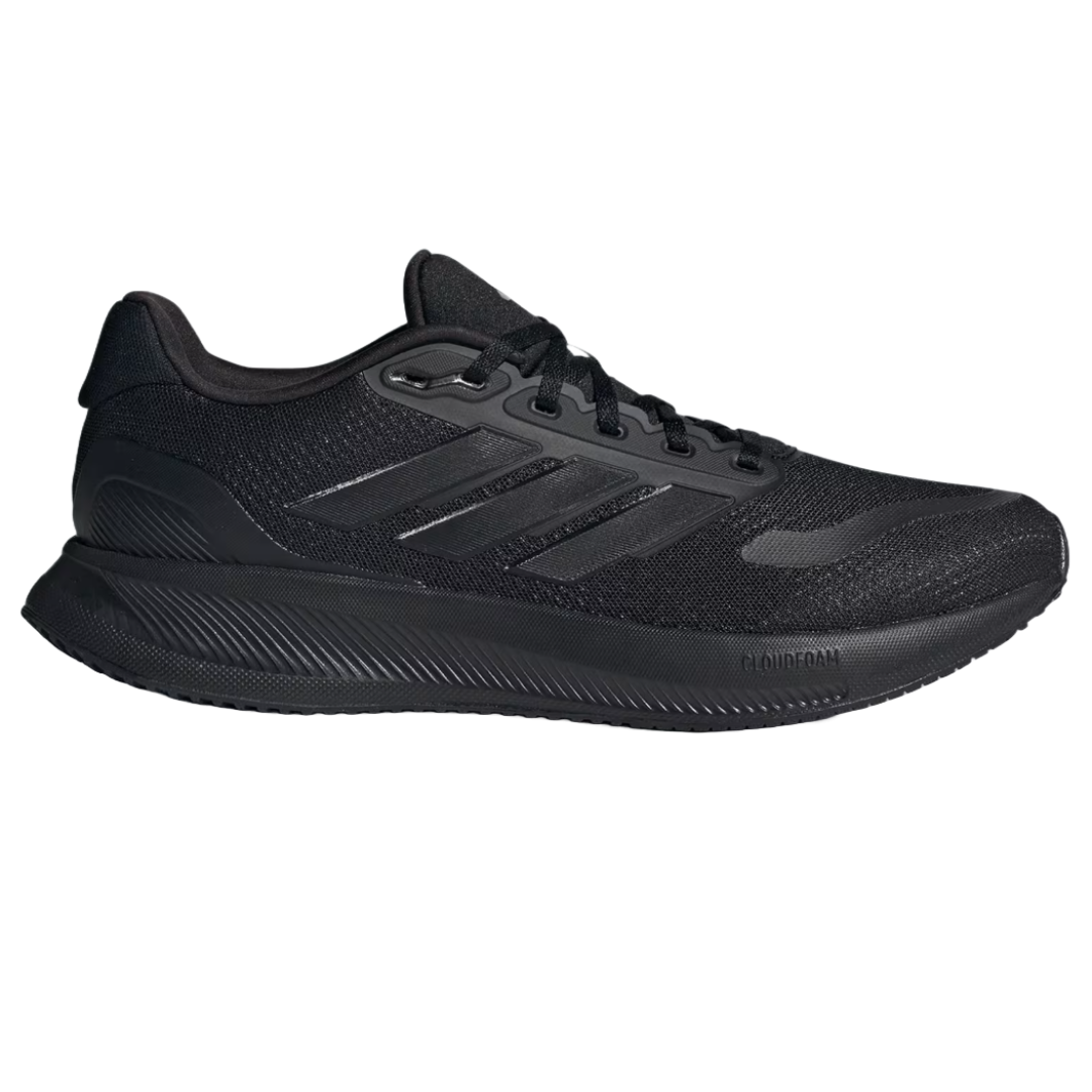 Black Adidas Runfalcon 5 Running Shoes featuring a low-top design, three signature stripes on the sides, and a Cloudfoam midsole for comfort.