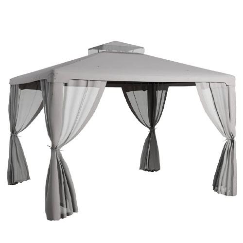 A grey outdoor gazebo with a tiered roof and sheer curtains tied at each corner.