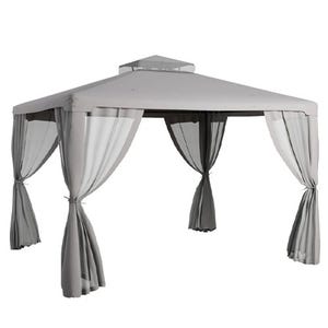 A grey outdoor gazebo with a tiered roof and sheer curtains tied at each corner.