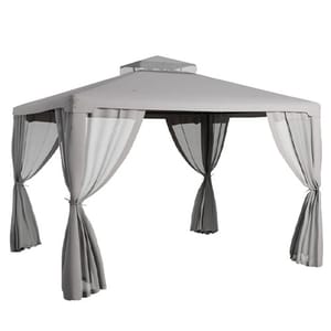 A grey outdoor gazebo with a tiered roof and sheer curtains tied at each corner.