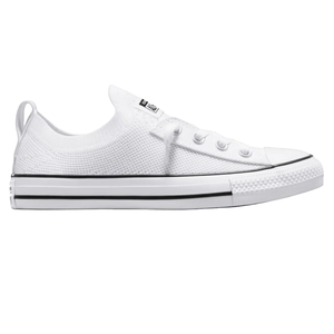 White low-top sneaker with a knit upper, lace-up design, rubber toe cap, and black stripe detailing on the sole.