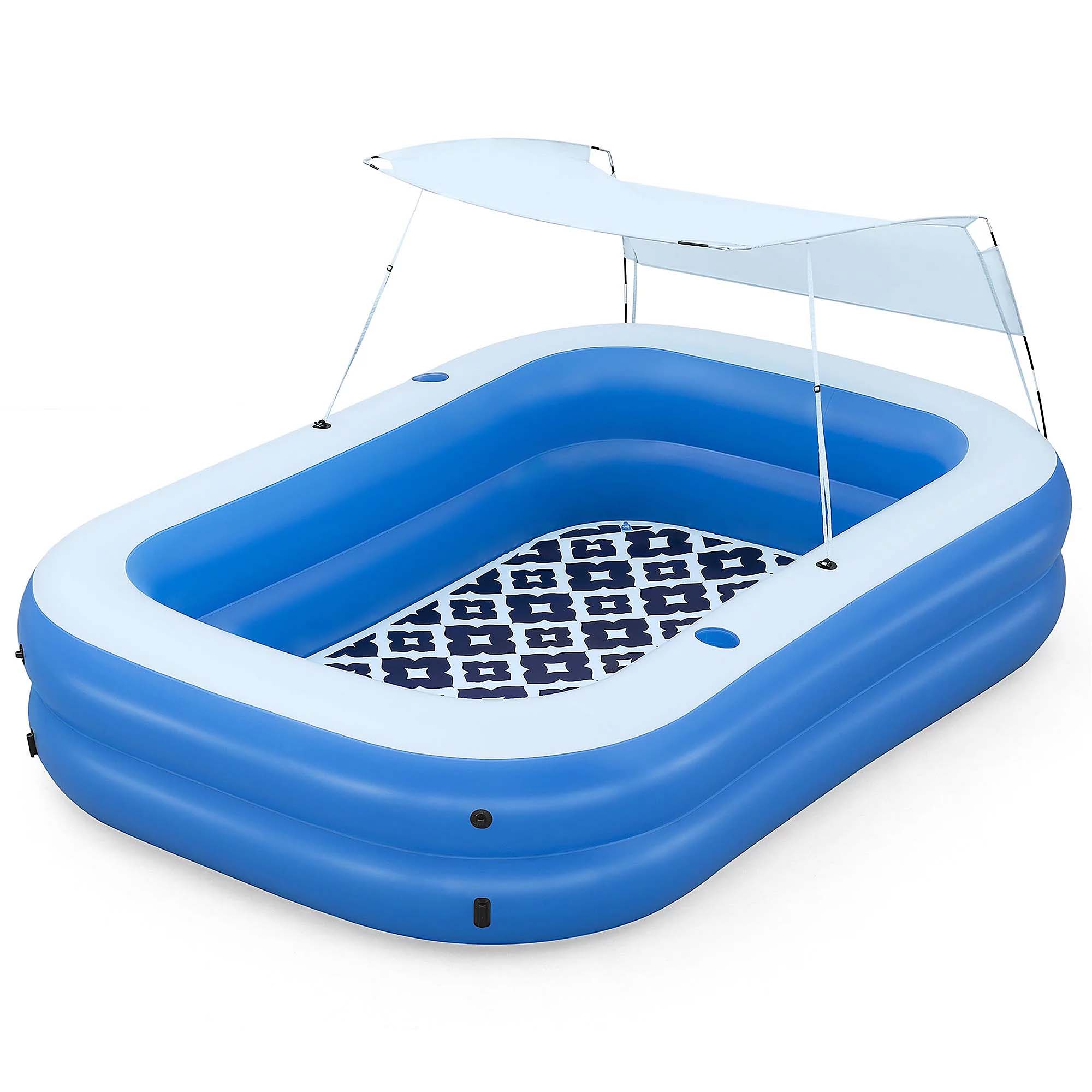 Inflatable blue kiddie pool with a patterned bottom and a detachable sunshade canopy.