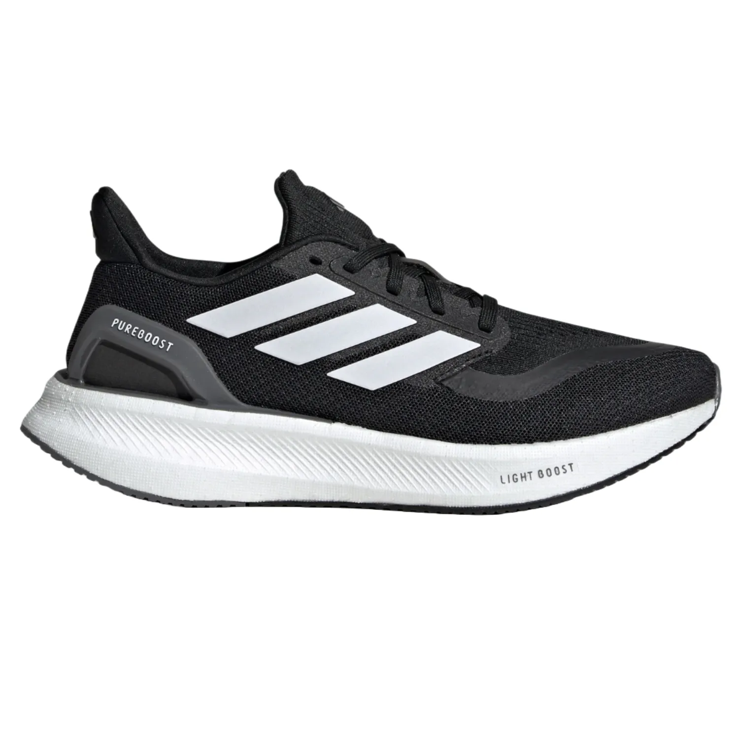 Adidas Pureboost running shoe in black and white, featuring Light Boost cushioning and the brand's signature three stripes on the side.