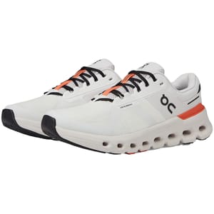 White On Cloudrunner 2 shoes with black and orange accents; features include a breathable upper, cushioned sole with signature cloud elements, and a lace-up design.