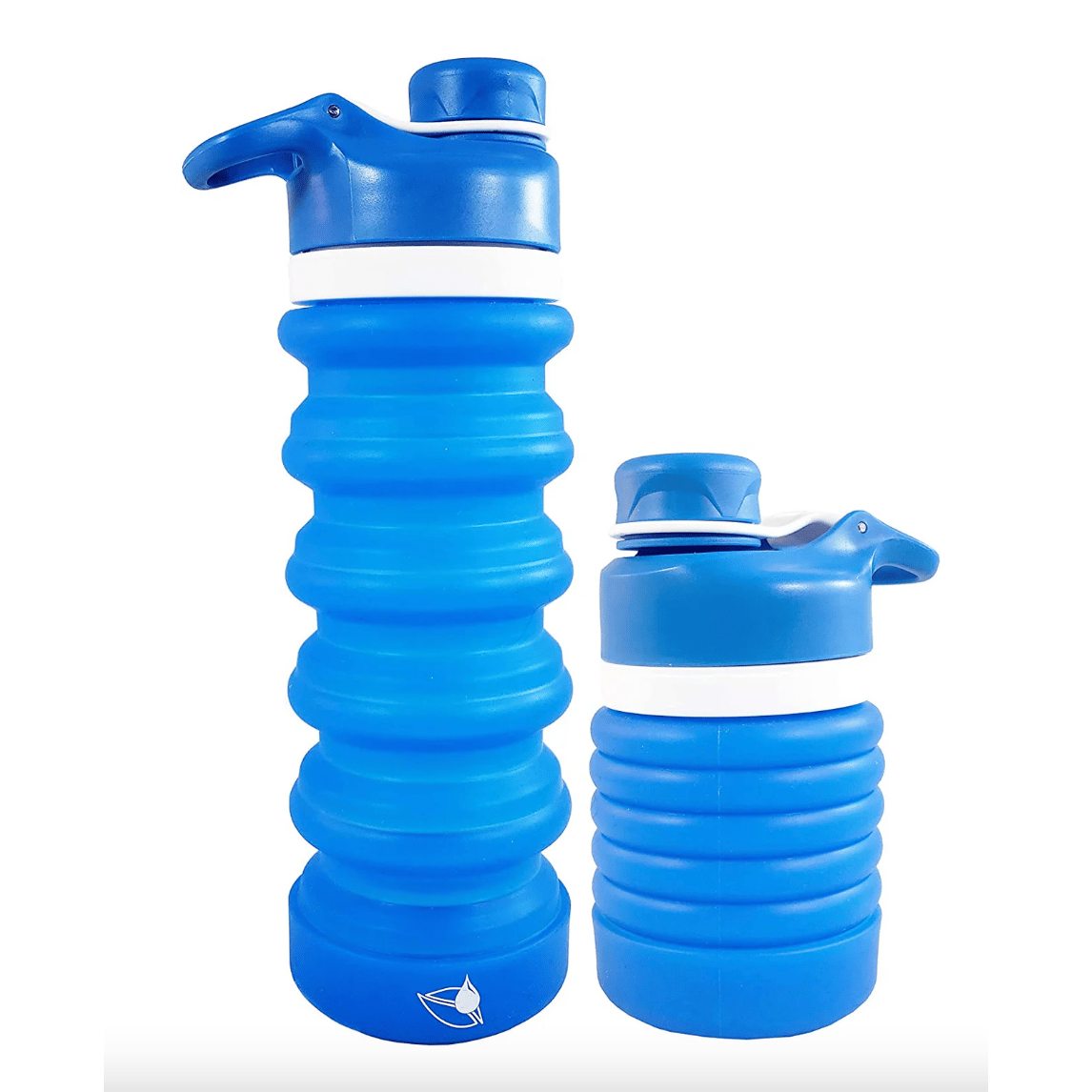 Two blue collapsible silicone water bottles with flip-top lids, one extended and one compressed.