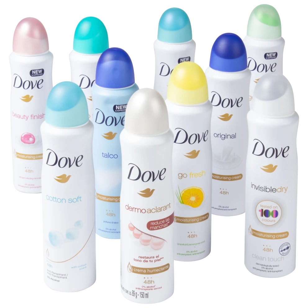 A 10-pack of Dove spray deodorants features various scents and formulations like Beauty Finish, Cotton Soft, Talco, Dermo Aclarant, Go Fresh, Original, and Invisible Dry, each with a unique colored cap.