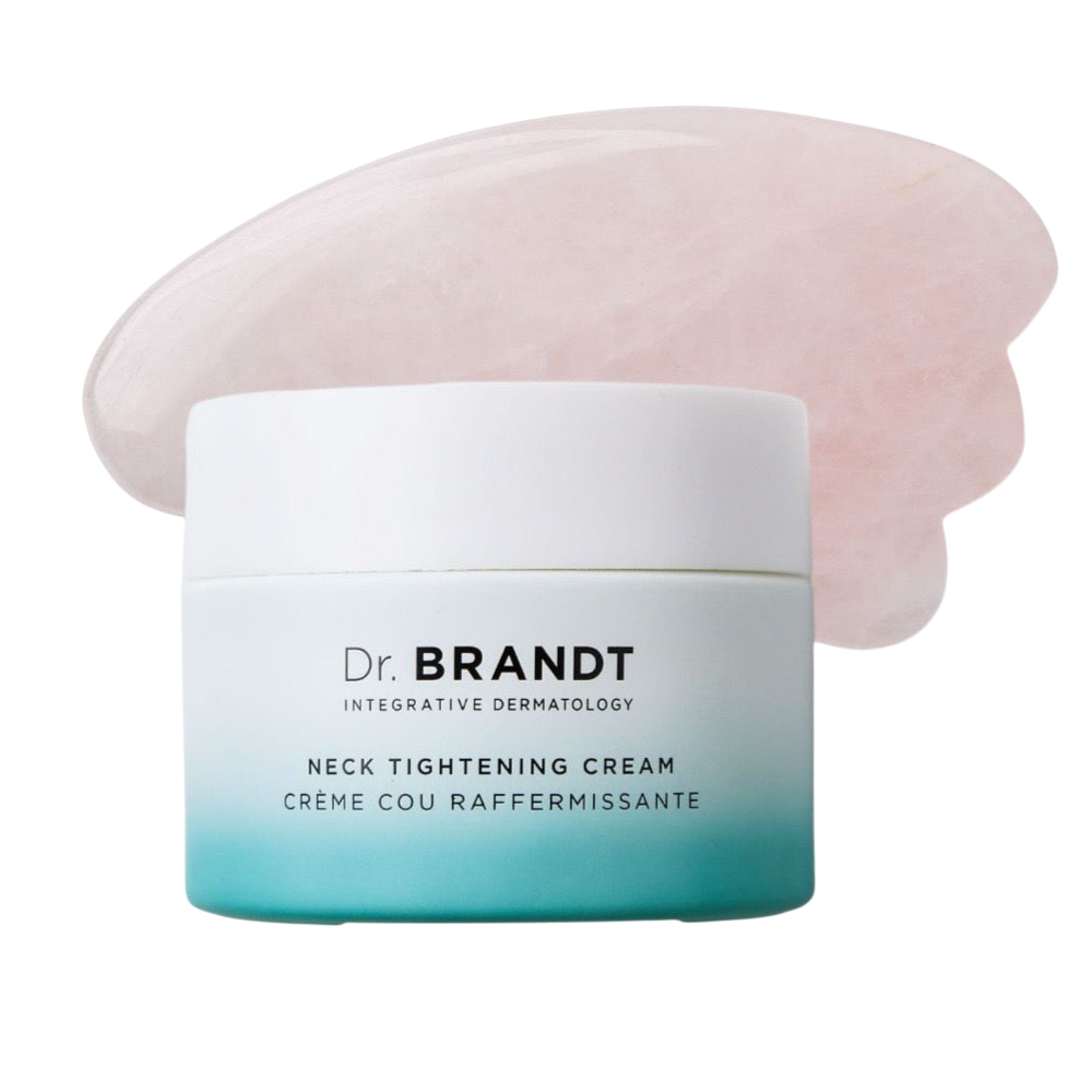 Dr. Brandt Integrative Dermatology Neck Tightening Cream, shown with a pink gua sha stone, is designed for skin firming and tightening.