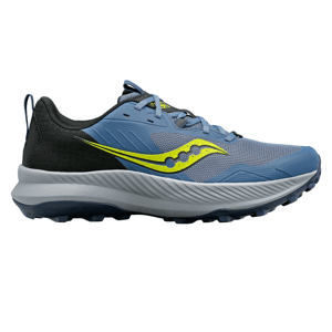 Saucony Men's Blaze TR Shoes in blue feature a lightweight design, rugged traction outsole, and yellow accents for visibility. Ideal for trail running with its cushioned midsole and breathable mesh upper for comfort.