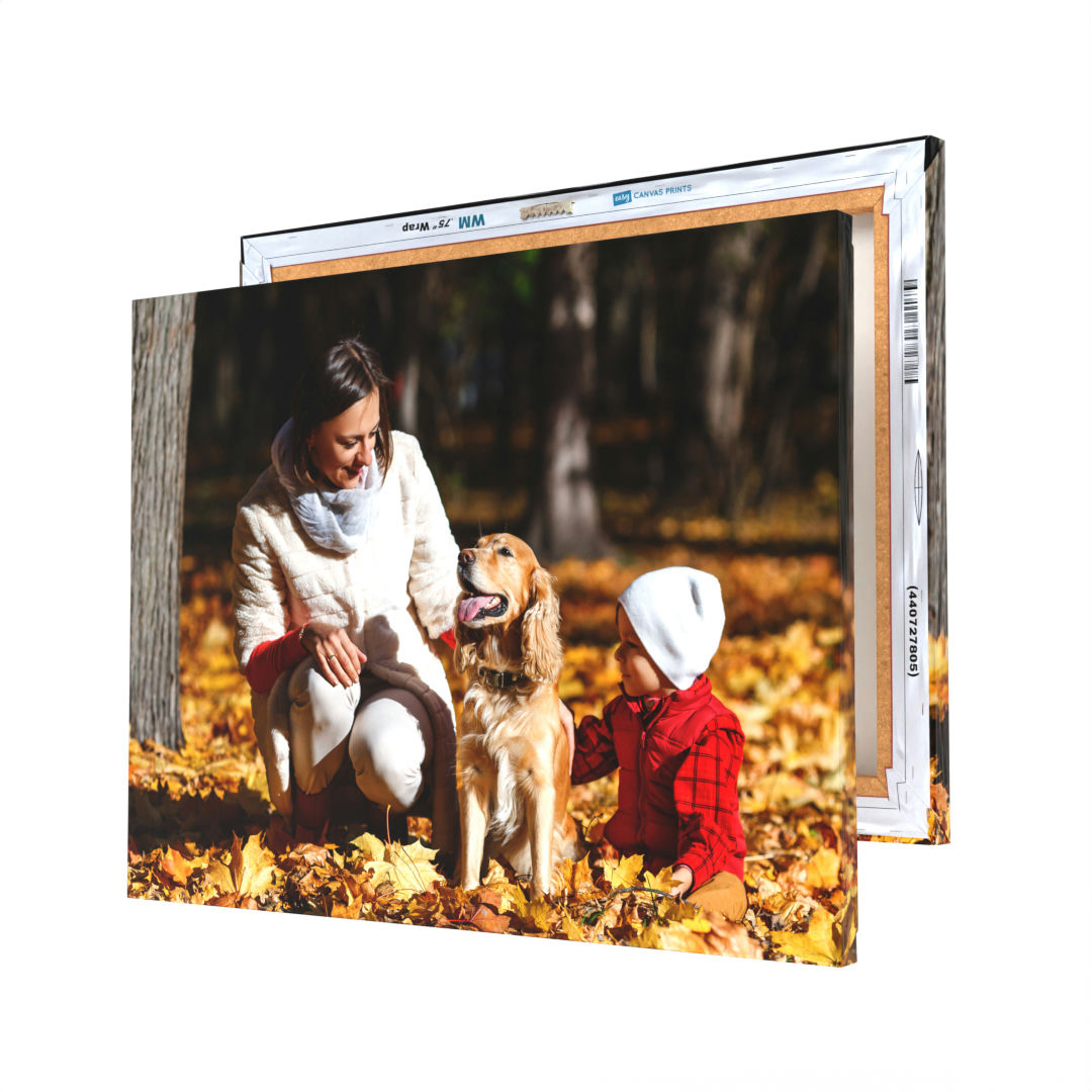An 18\“ x 24\“ canvas print featuring a woman, child, and dog sitting among fallen autumn leaves in a forest setting.