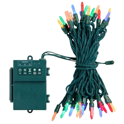 String of colorful LED Christmas lights with a green wire and a control box for lighting modes and power management.