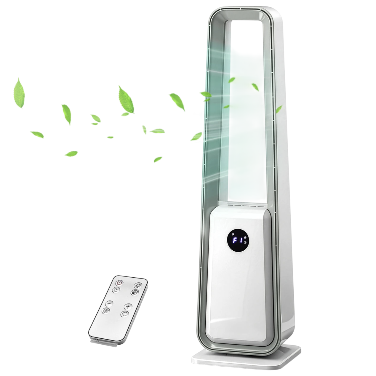 A bladeless tower fan with a remote control, featuring a sleek design and airflow indicated by digital display and graphics with leaves.