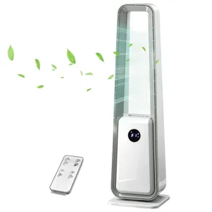 A bladeless tower fan with a remote control, featuring a sleek design and airflow indicated by digital display and graphics with leaves.