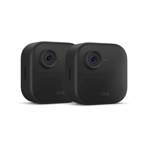 Two black, rectangular-shaped Blink Outdoor cameras with single lenses and branding on the front.