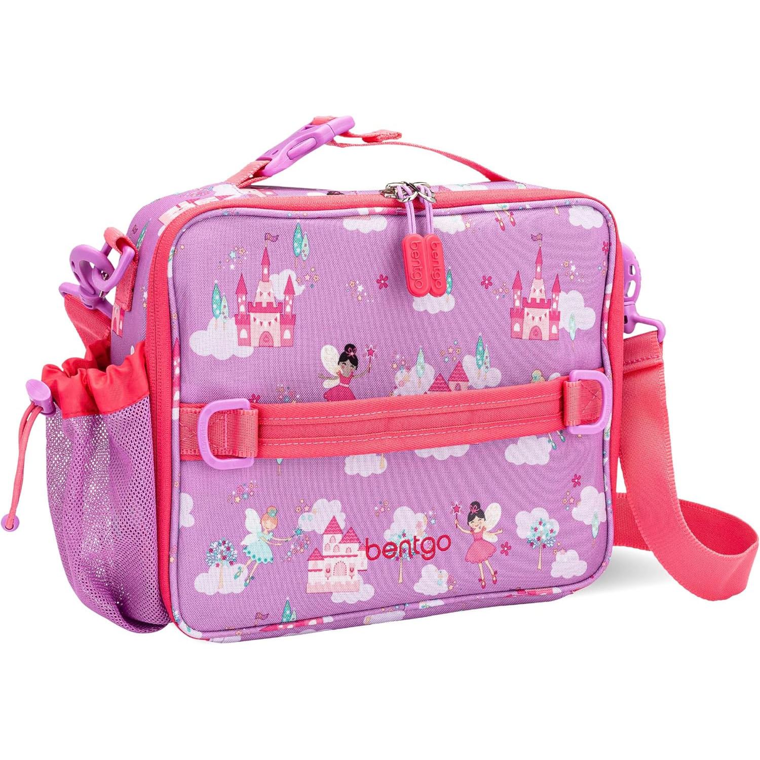 Pink lunch bag with fairytale theme, featuring castles and fairies. Includes side mesh pocket, adjustable strap, and dual zipper closure with \“Bentgo\“ branding.