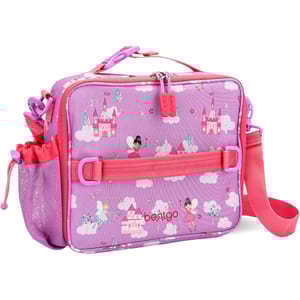 Pink lunch bag with fairytale theme, featuring castles and fairies. Includes side mesh pocket, adjustable strap, and dual zipper closure with \“Bentgo\“ branding.