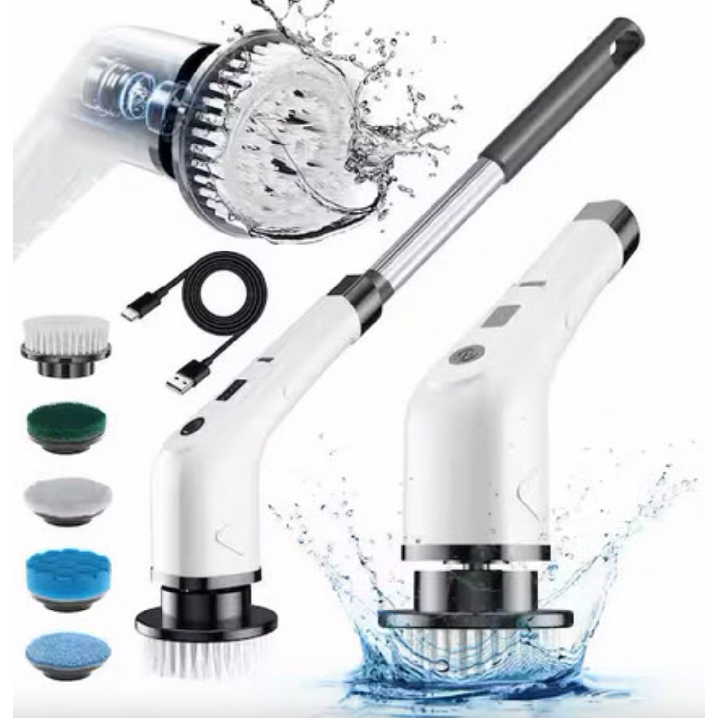Portable electric cleaning brush with interchangeable heads, USB charging cable, and an extendable handle for versatile surface cleaning.