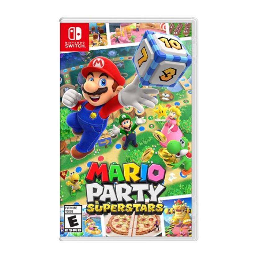 Mario Party Superstars for Nintendo Switch features Mario holding a dice block, with Luigi, Peach, and other characters in a vibrant, game-themed background.