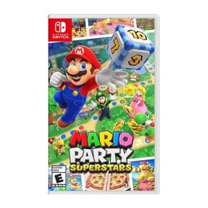 Mario Party Superstars for Nintendo Switch features Mario holding a dice block, with Luigi, Peach, and other characters in a vibrant, game-themed background.