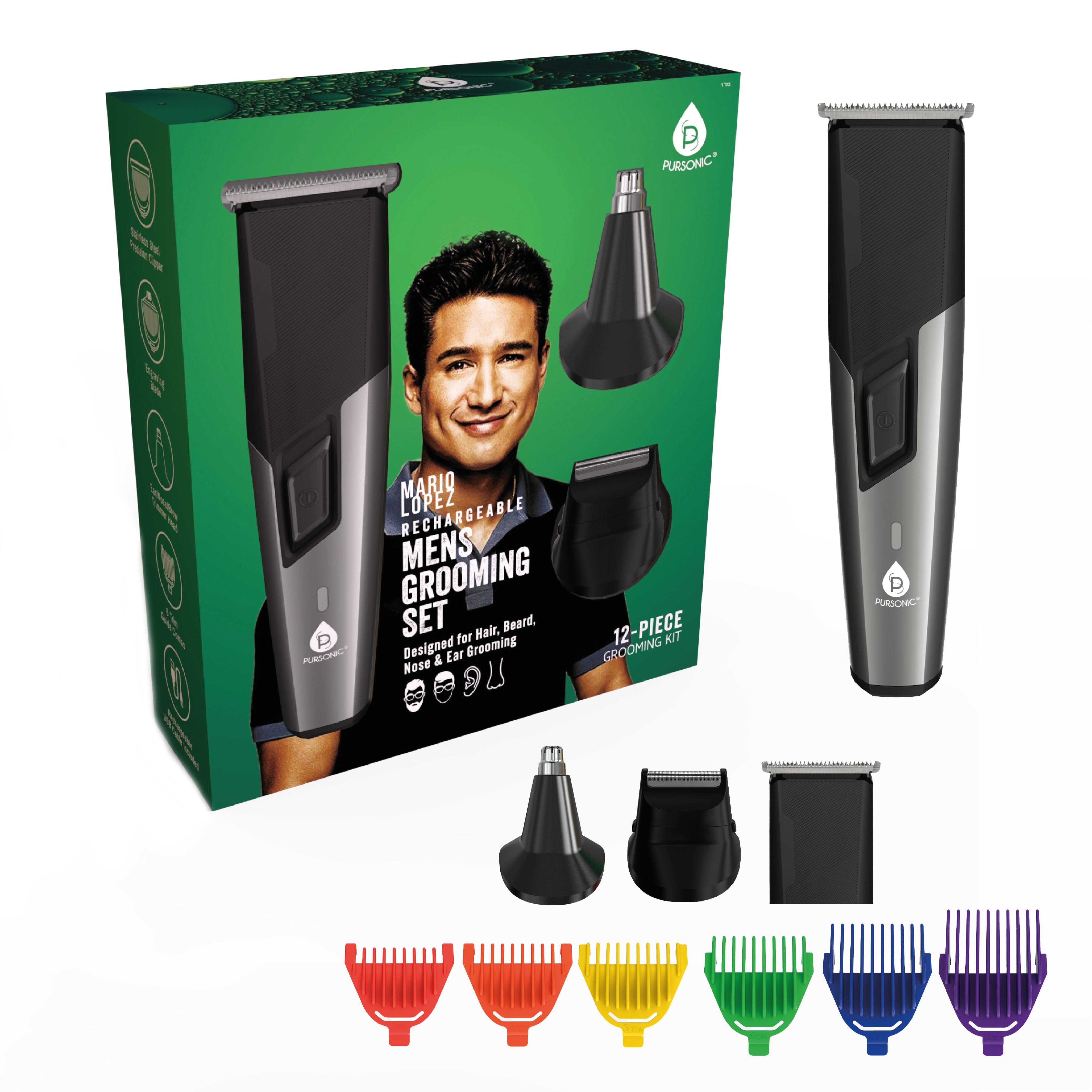 Men's grooming set with a rechargeable trimmer, nose and ear trimmer, and various clipper attachments in different colors for versatile hair, beard, nose, and ear grooming.