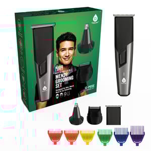Men's grooming set with a rechargeable trimmer, nose and ear trimmer, and various clipper attachments in different colors for versatile hair, beard, nose, and ear grooming.