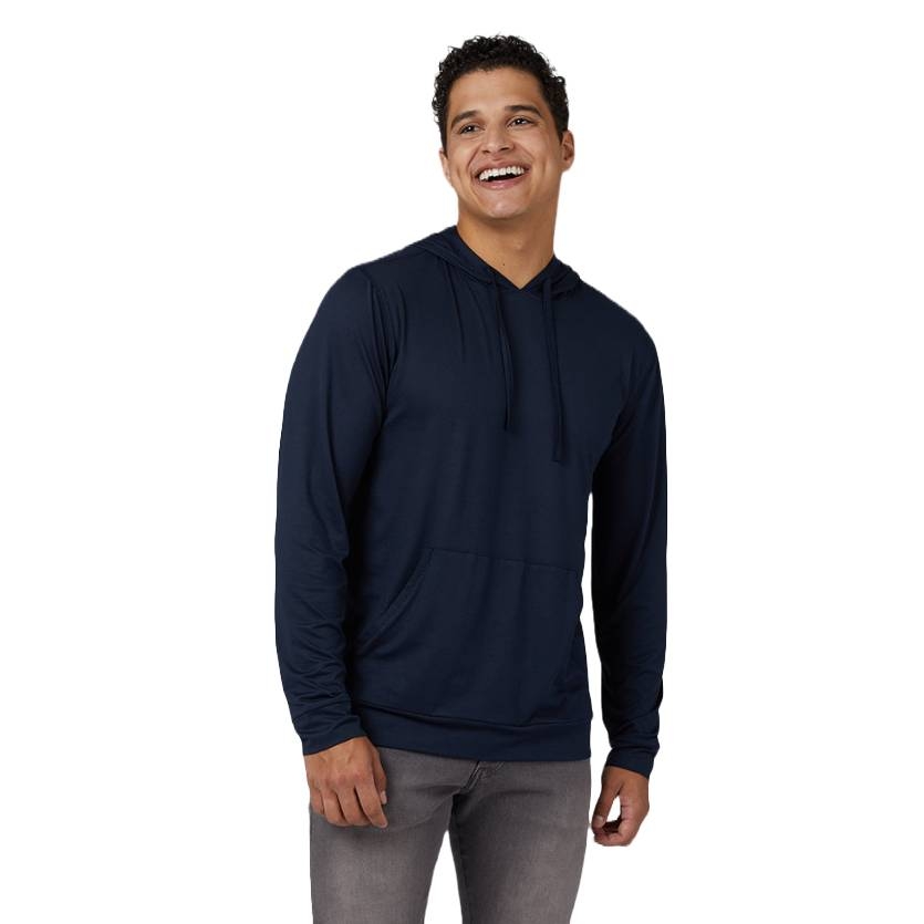 A person is wearing a dark blue long-sleeve hoodie with a drawstring and front pocket, paired with gray jeans.