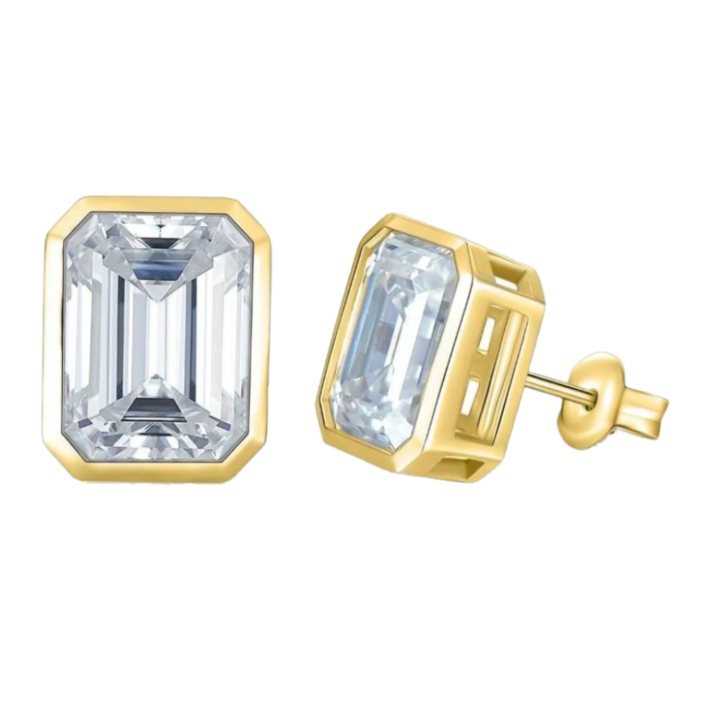 Gold and diamond stud earrings featuring large, emerald-cut gemstones set in rectangular bezels with push-back closures.