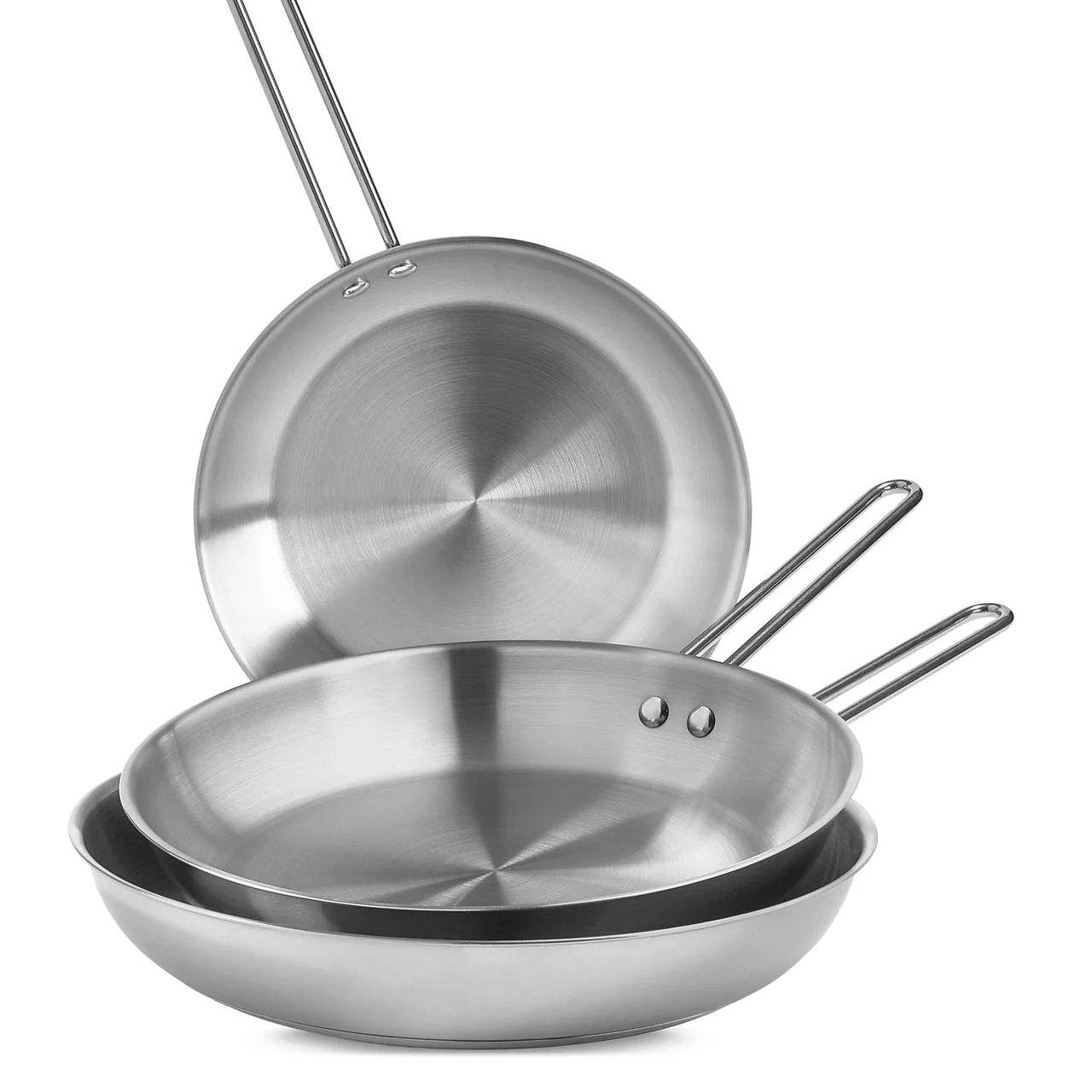 Three stainless steel frying pans with long handles, stacked together.