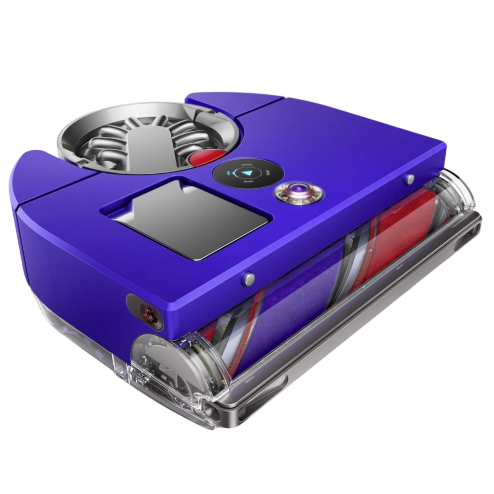 A purple robotic vacuum cleaner with a cylindrical brush and a digital control panel, paired with a smartphone interface displaying a cleaning status screen.
