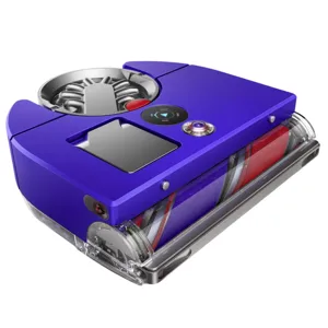 A purple robotic vacuum cleaner with a cylindrical brush and a digital control panel, paired with a smartphone interface displaying a cleaning status screen.
