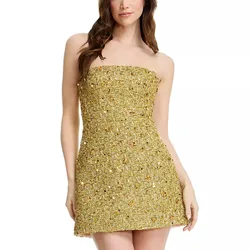 Strapless gold mini dress adorned with sequins, featuring a textured, woven look.