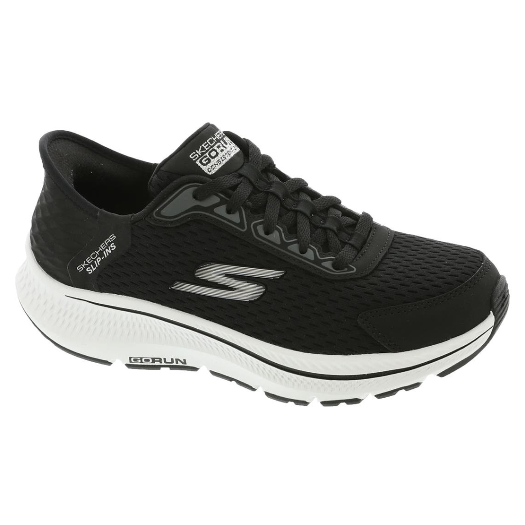 Black Skechers GO RUN Slip-ins shoe with lace-up design, mesh upper, and white midsole.