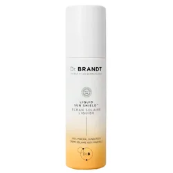 Dr. Brandt Liquid Sun Shield is a 100% mineral sunscreen with SPF 50, designed for solar protection. It comes in a sleek bottle labeled in both English and French.