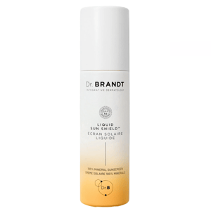 Dr. Brandt Liquid Sun Shield is a 100% mineral sunscreen with SPF 50, designed for solar protection. It comes in a sleek bottle labeled in both English and French.