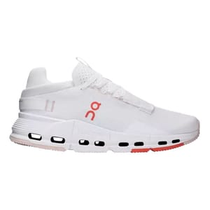 The On Men's Cloudnova 2 Shoes are sleek, white athletic sneakers featuring a unique cushioning technology, red logo accents, and perforated details on the midsole for enhanced breathability and style.