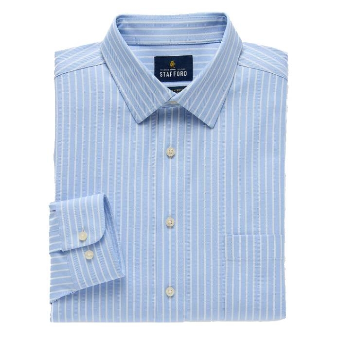 A light blue striped, long-sleeved dress shirt with a point collar and buttoned cuffs, folded neatly.