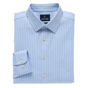 A light blue striped, long-sleeved dress shirt with a point collar and buttoned cuffs, folded neatly.