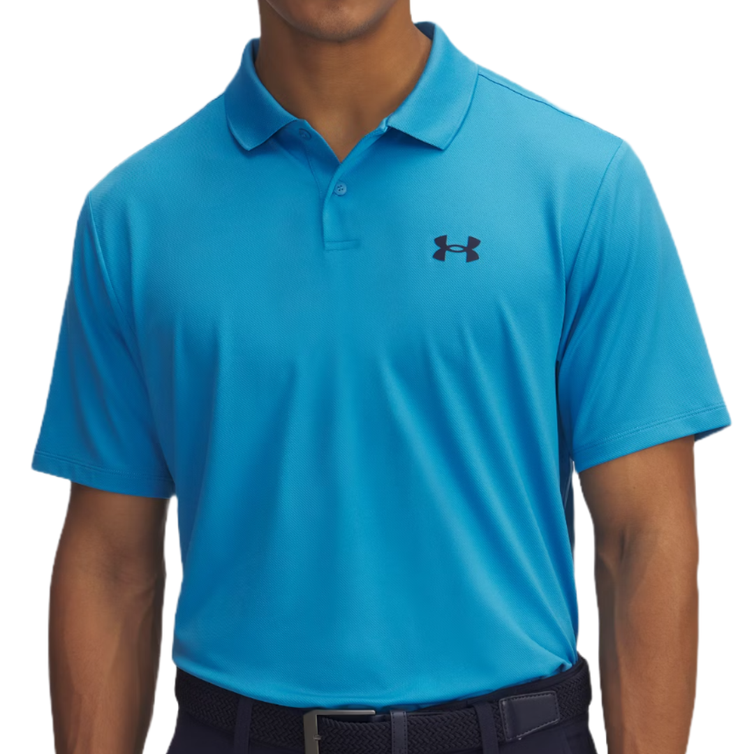 Men's blue Under Armour polo shirt with a classic collar, short sleeves, and the logo on the left chest.