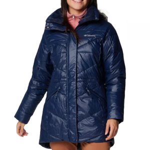 Navy blue Columbia Peak to Park Mid Jacket with a quilted design, full zipper closure, high collar, and two zippered pockets, providing warmth and style for cold weather.