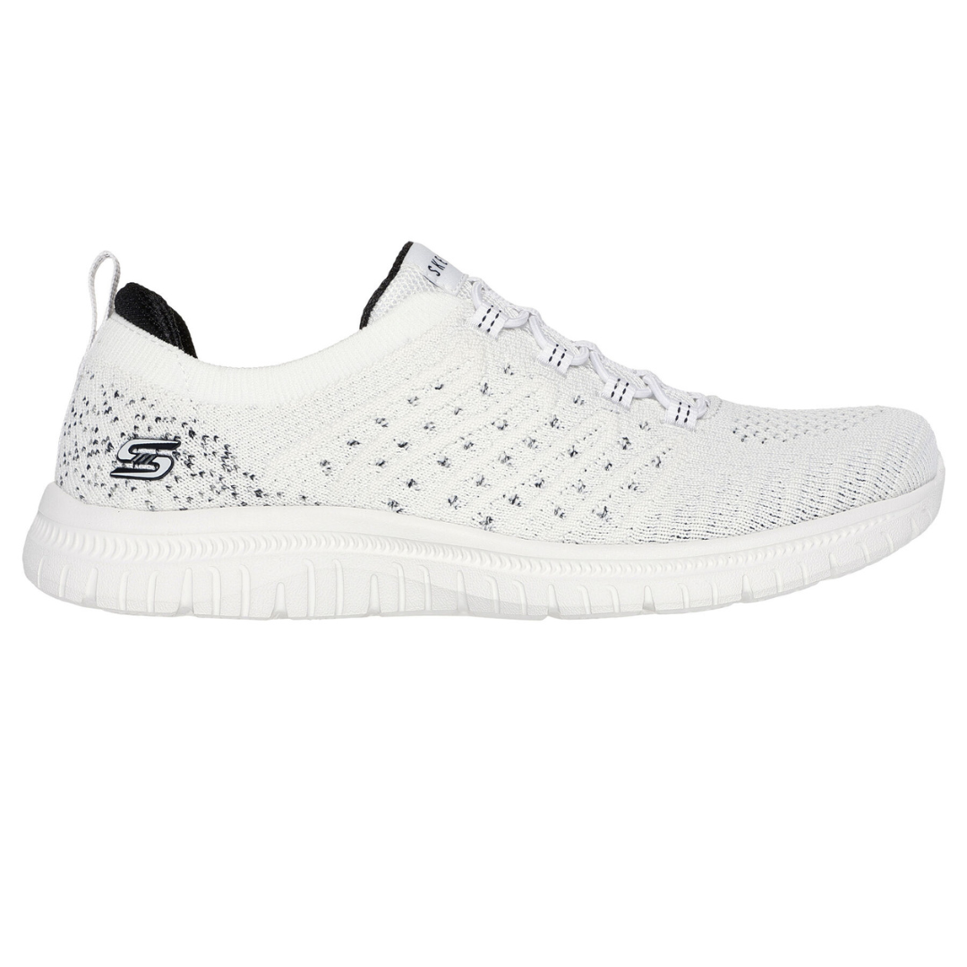 Skechers Women's Virtue Shoes are lightweight, white mesh slip-ons with a flexible sole and knit design, featuring the Skechers logo on the side and a simple lace overlay for a sporty look.