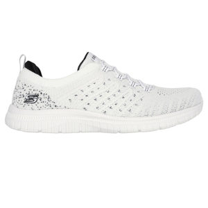 Skechers Women's Virtue Shoes are lightweight, white mesh slip-ons with a flexible sole and knit design, featuring the Skechers logo on the side and a simple lace overlay for a sporty look.