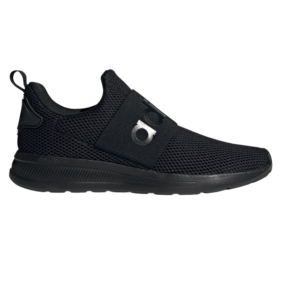 All-black slip-on athletic shoe featuring mesh upper, elastic band with logo, cushioned sole, and pull tab at the heel.