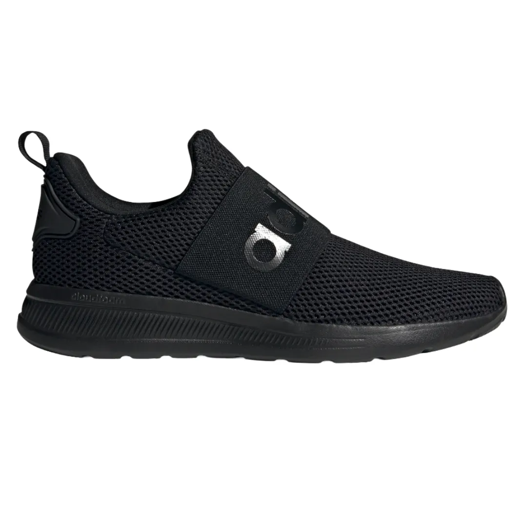 All-black slip-on athletic shoe featuring mesh upper, elastic band with logo, cushioned sole, and pull tab at the heel.