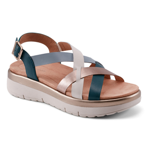 Easy Spirit Indie Strappy Sandals feature a multi-colored strappy design with a supportive padded insole and adjustable buckle strap, set on a cushioned, platform sole for added comfort.