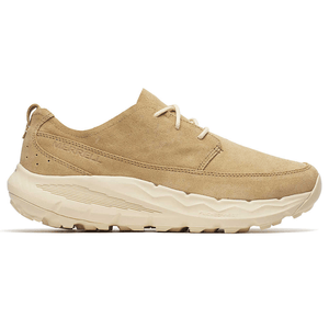 Tan suede sneaker with a chunky, light-colored sole and minimal stitching. Features a lace-up design and a pull tab at the heel.
