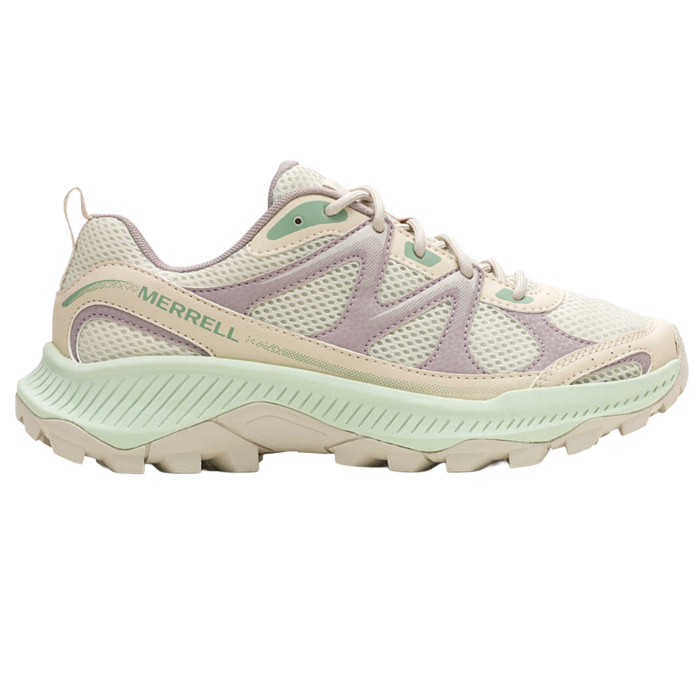 Merrell hiking shoe featuring a breathable mesh design with a combination of mint green and light beige colors, and a robust, textured sole for traction.