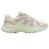 Merrell hiking shoe featuring a breathable mesh design with a combination of mint green and light beige colors, and a robust, textured sole for traction.