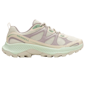Merrell hiking shoe featuring a breathable mesh design with a combination of mint green and light beige colors, and a robust, textured sole for traction.