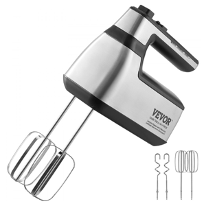 A stainless steel hand mixer with a sleek design, featuring two beaters attached and extra attachments, including dough hooks and additional beaters.