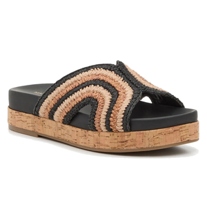 Marc Fisher Raffia Platform Sandals feature a black and natural woven raffia upper in a striped design, with a cork platform sole and cushioned black footbed.