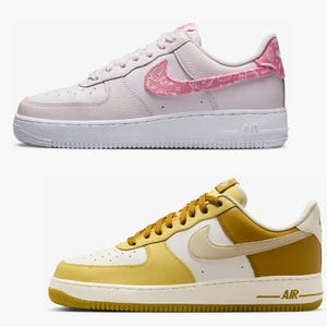 Two pairs of Nike Air Force 1 sneakers, one with pink patterned details and the other in yellow and white.